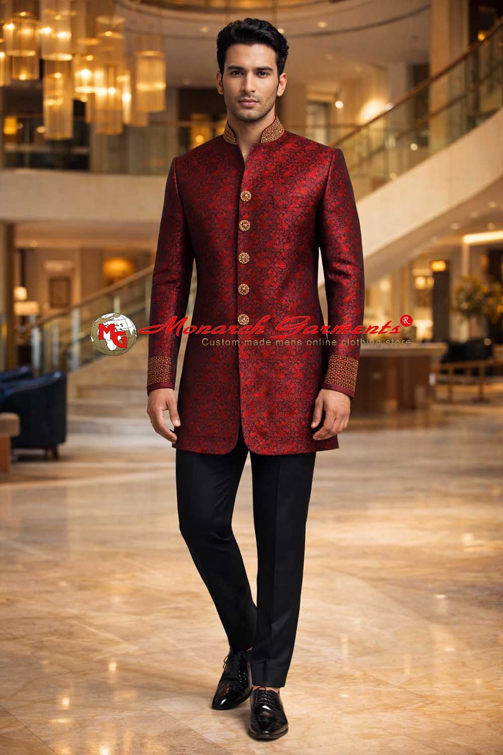 Dark red brocade Indo Western suit for men with embroidery Nehru collar wedding wear
