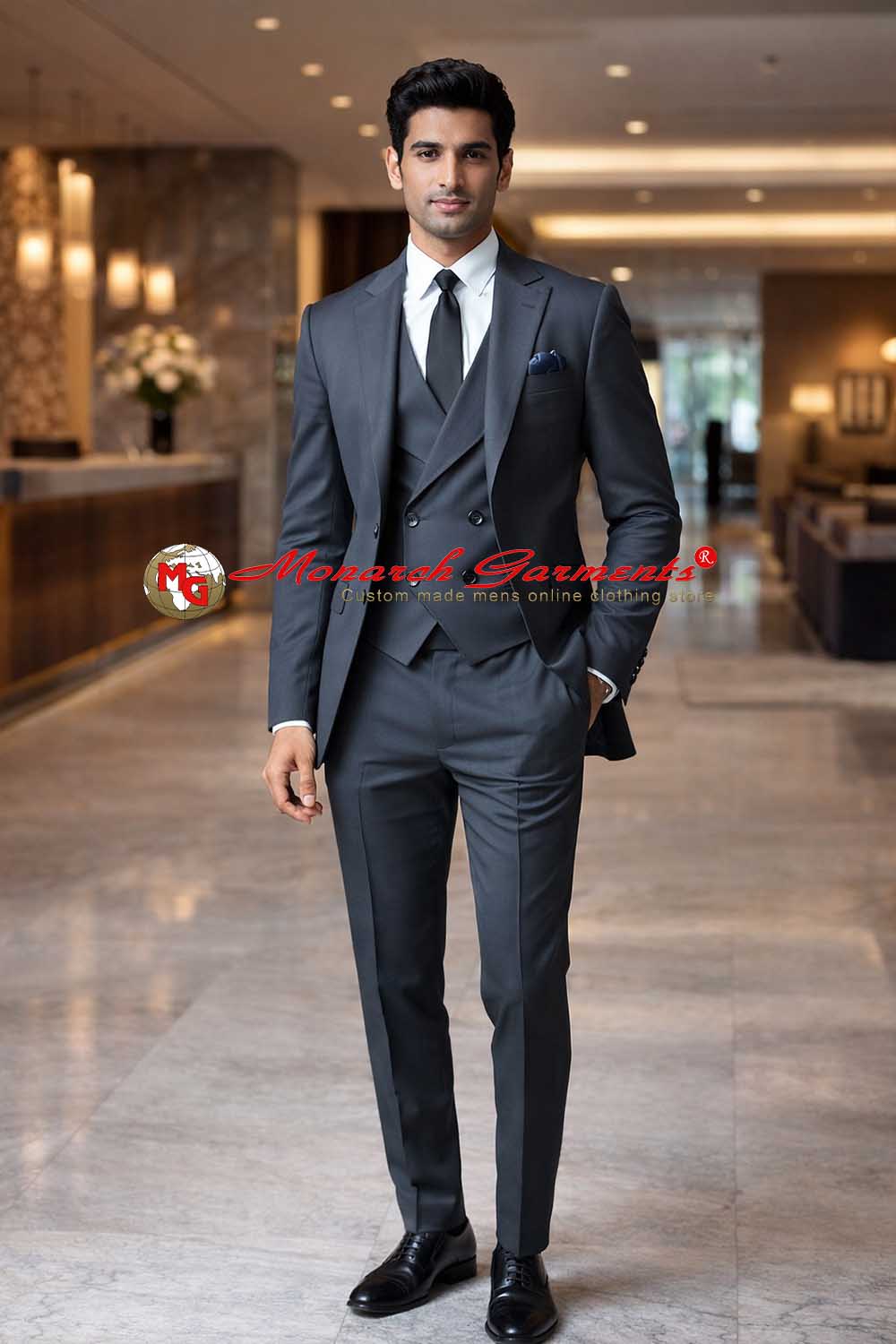 Dark steel grey 3 piece suit for men slim fit with blazer vest and trousers for wedding and formal wear India