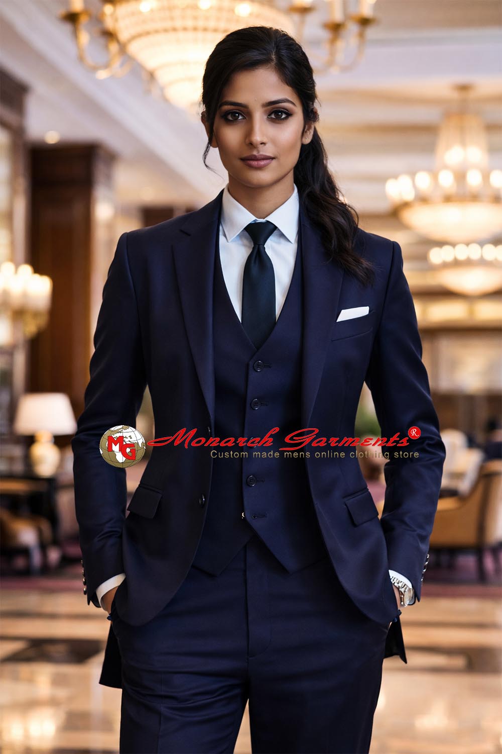 Midnight navy 3 piece slim fit formal suit for women with blazer waistcoat and tailored trousers