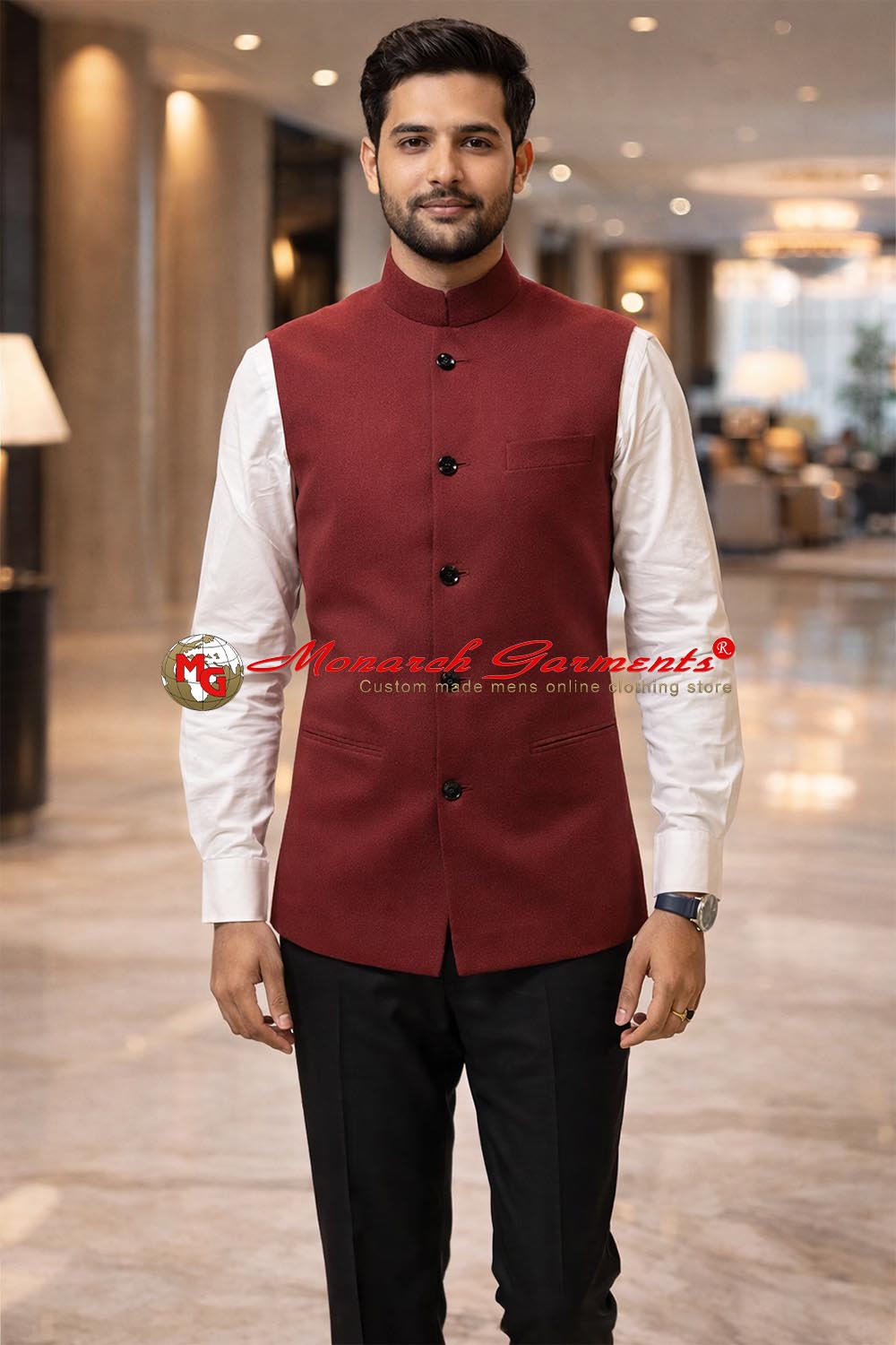 Deep red Nehru vest for men slim fit formal waistcoat for weddings and festive occasions