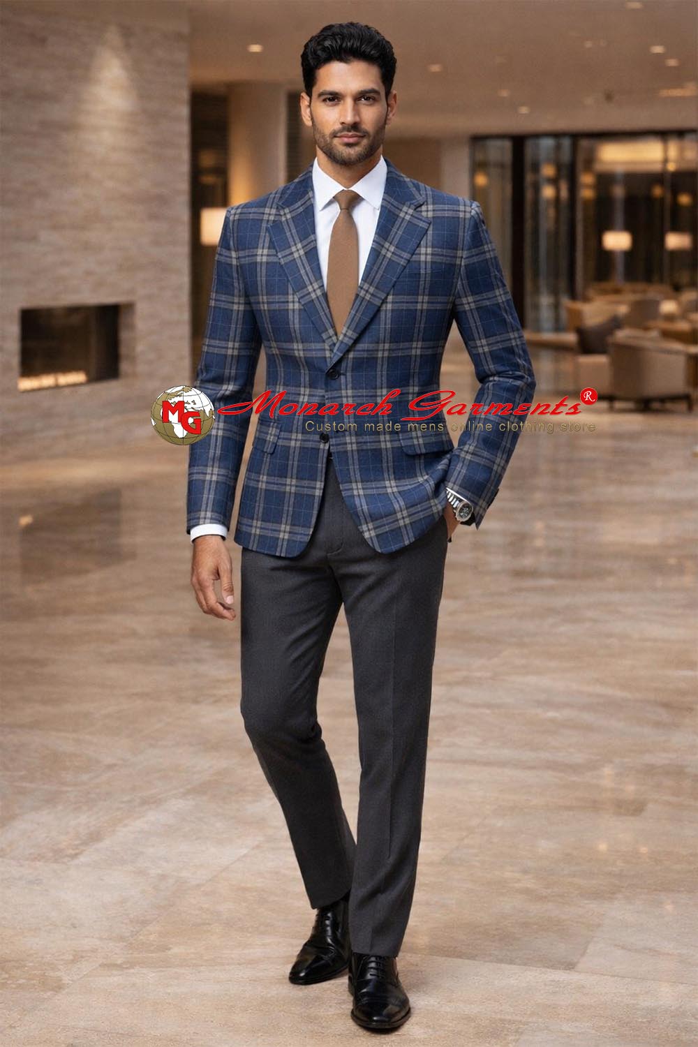 Men wearing denim blue check sport coat with formal trousers for semi formal and business casual occasions