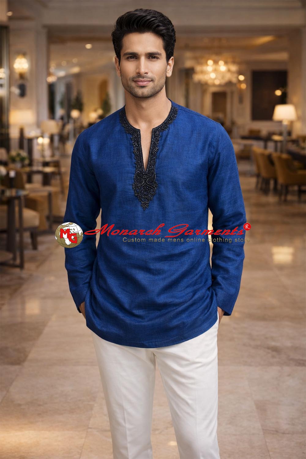 Denim blue embroidered linen tunic for men V-neck summer wedding wear India