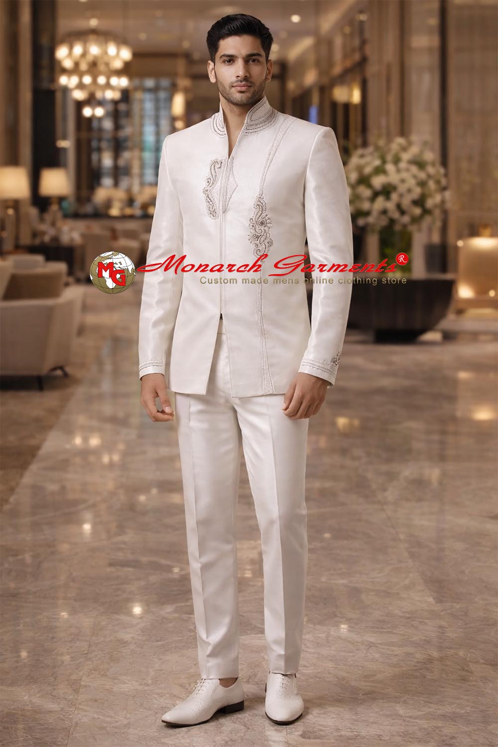 Designer cream concealed button jodhpuri suit with embroidered jacket and matching trousers