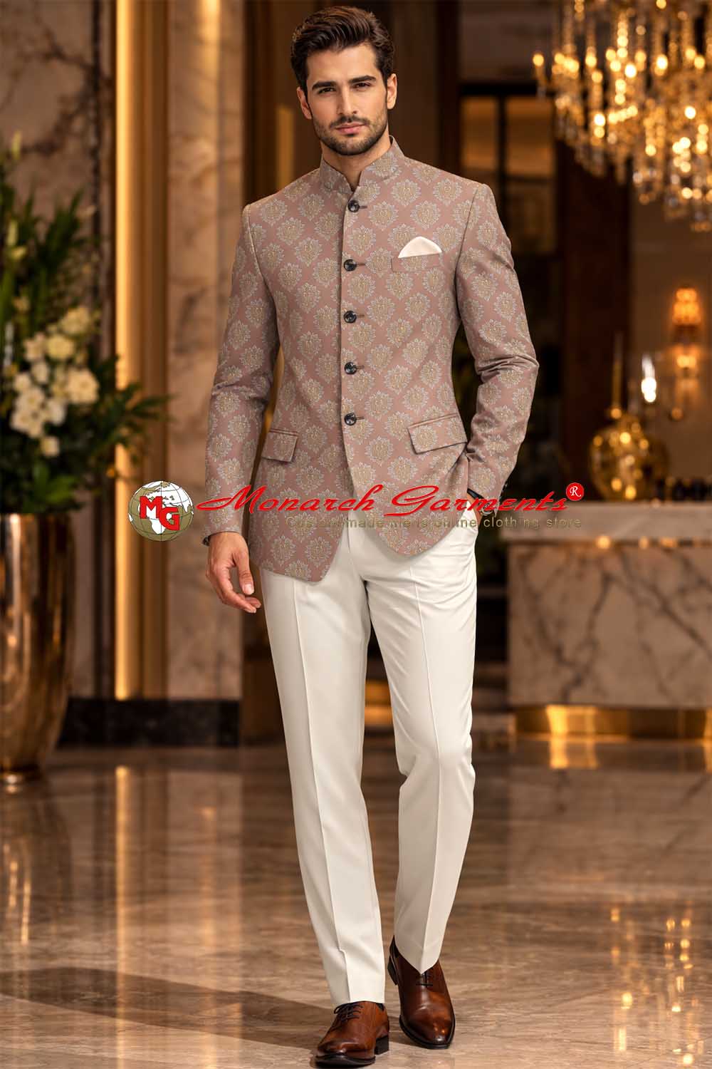 Dirty rose jacquard Jodhpuri bandhgala jacket with off white trousers for Indian wedding by Monarch Garments