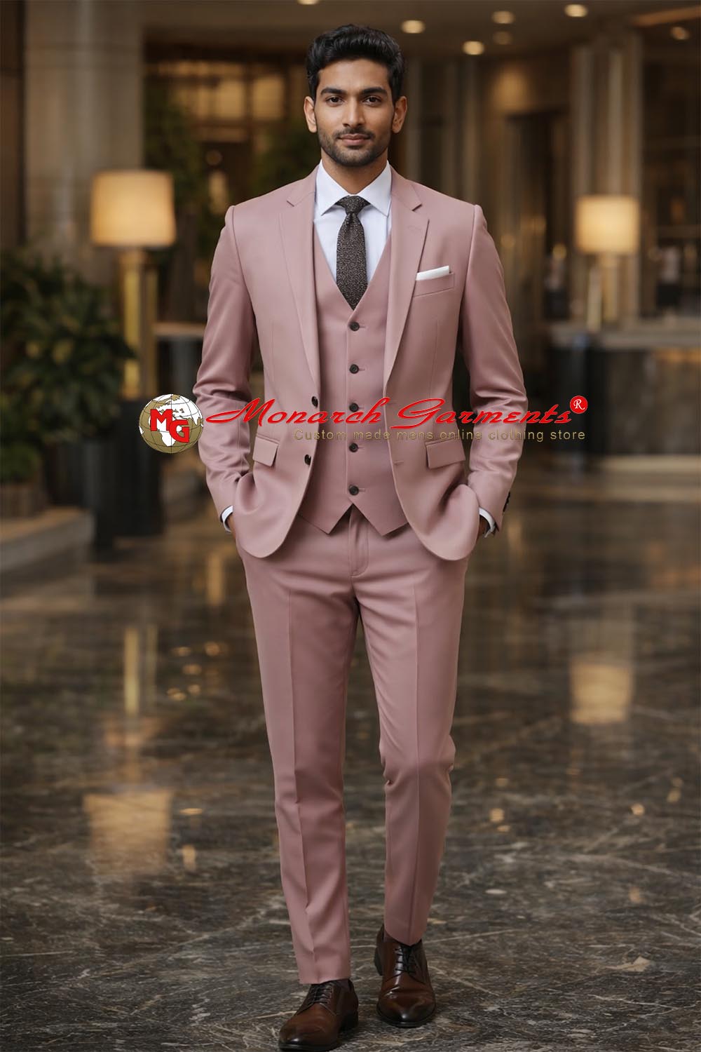 Dusty rose 3 piece suit for men in slim fit with blazer vest and trousers for wedding wear India