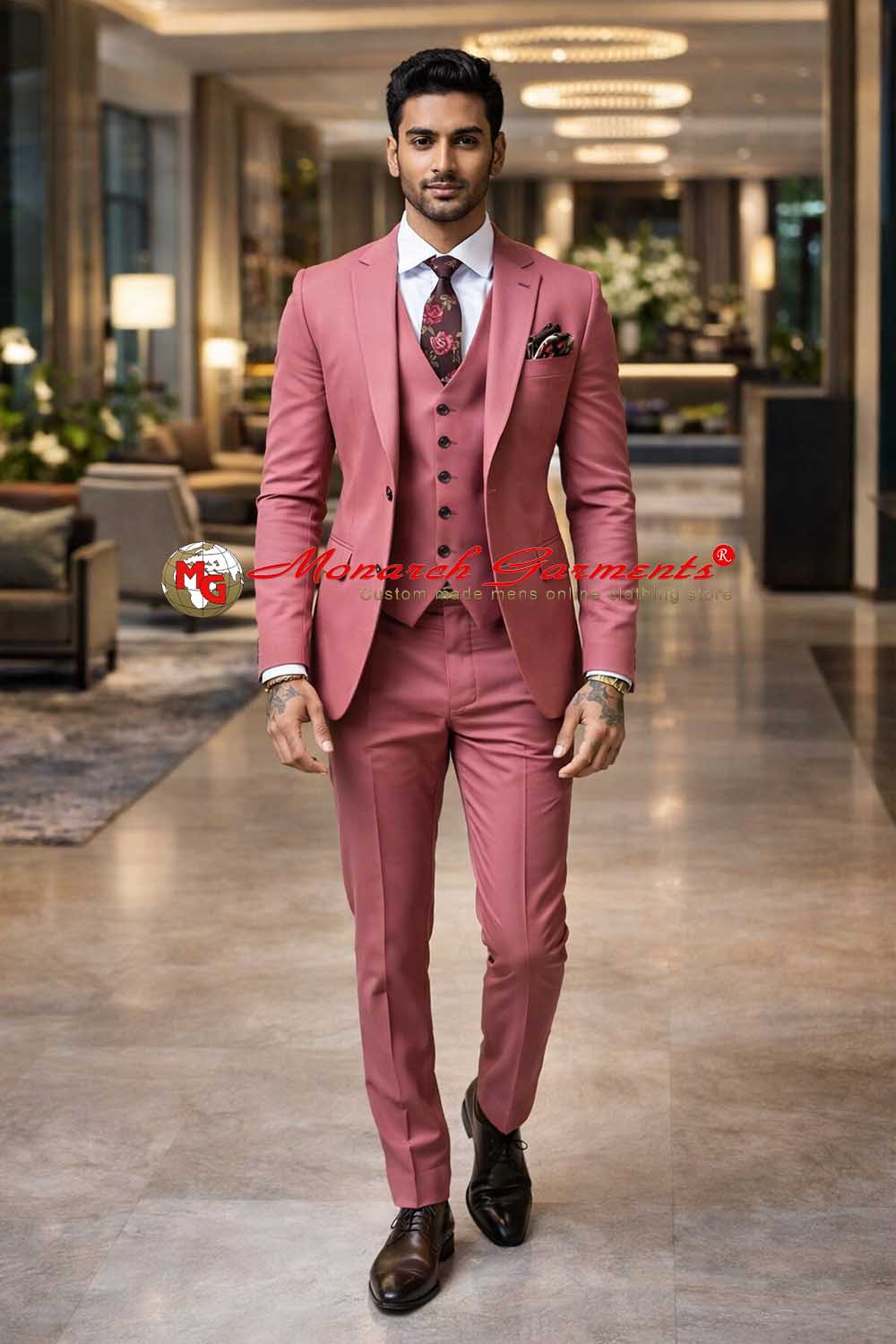 Dusty rose pink 3 piece suit for men slim fit shawl lapel wedding wear India