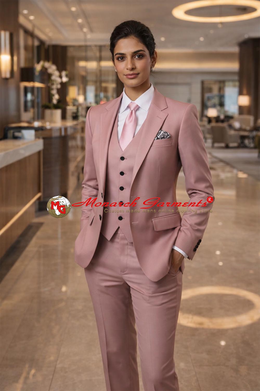 Dusty rose 3 piece slim fit formal suit for women with blazer waistcoat and tailored trousers