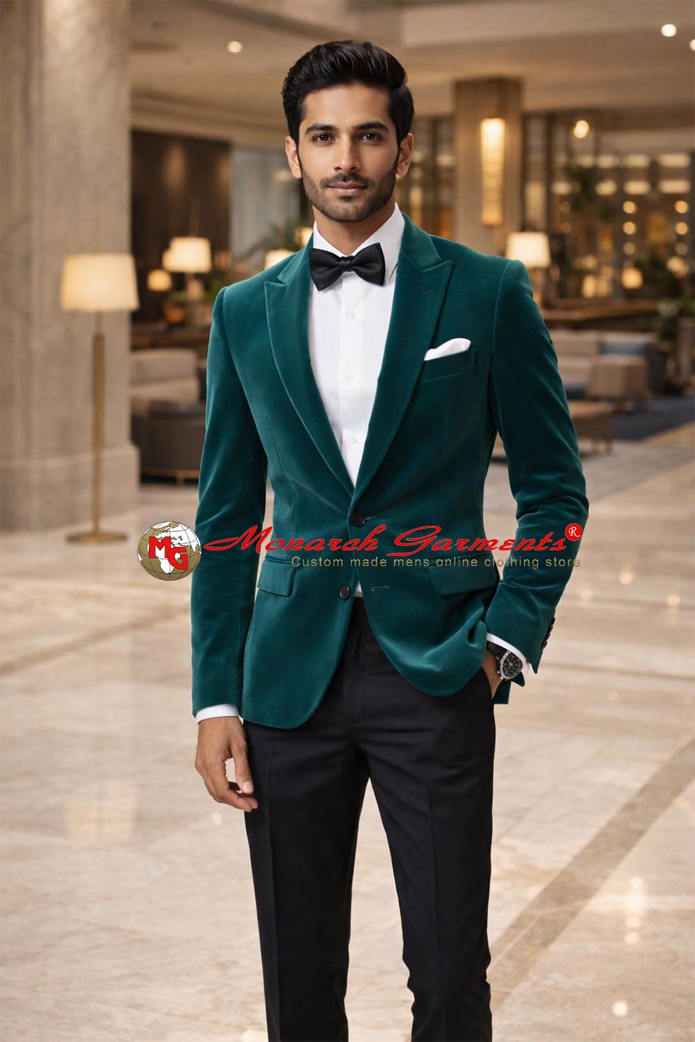 Men wearing emerald green velvet blazer for wedding reception and evening events India