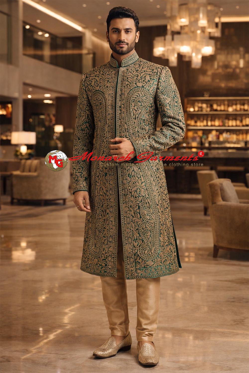Forest green velvet hand embroidered groom sherwani with golden dupion chudidar by Monarch Garments