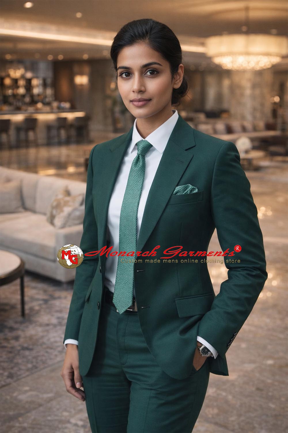 Emerald green slim fit formal 2 piece suit for women with tailored blazer and trousers