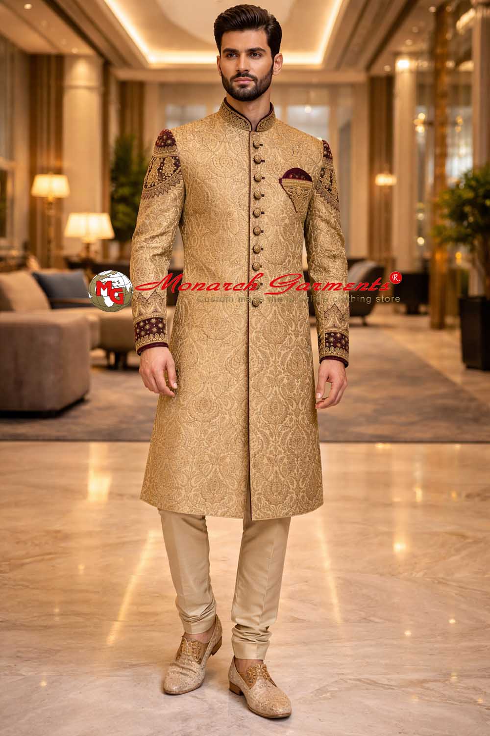 Gold brocade wedding sherwani for men with maroon embroidery and churidar pyjama by Monarch Garments