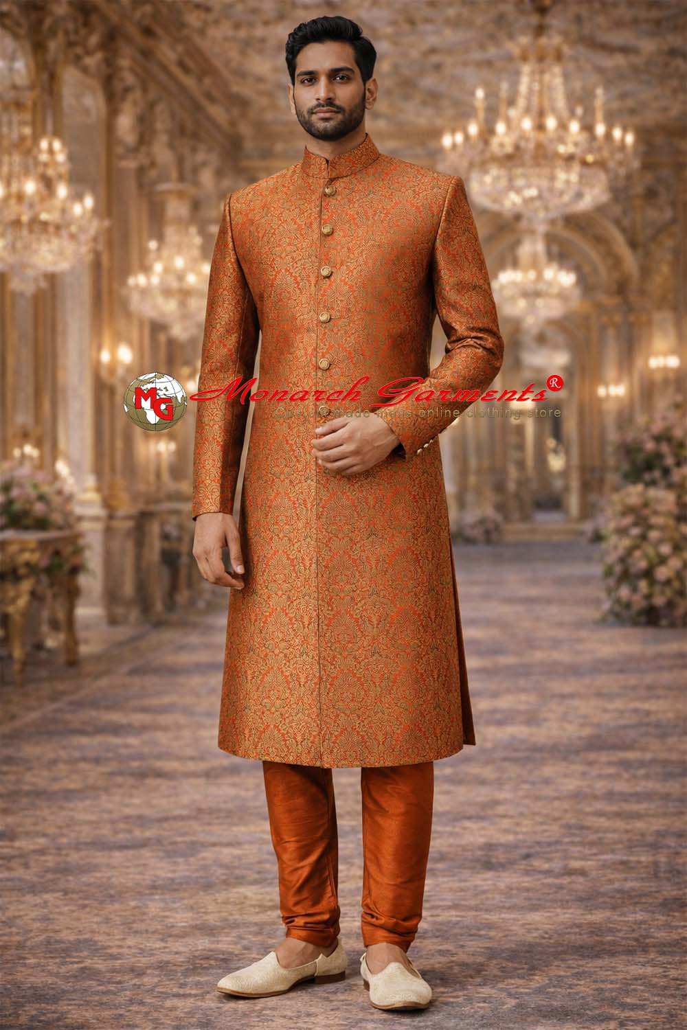 Indian male model wearing gold coral jacquard wedding sherwani by Monarch Garments