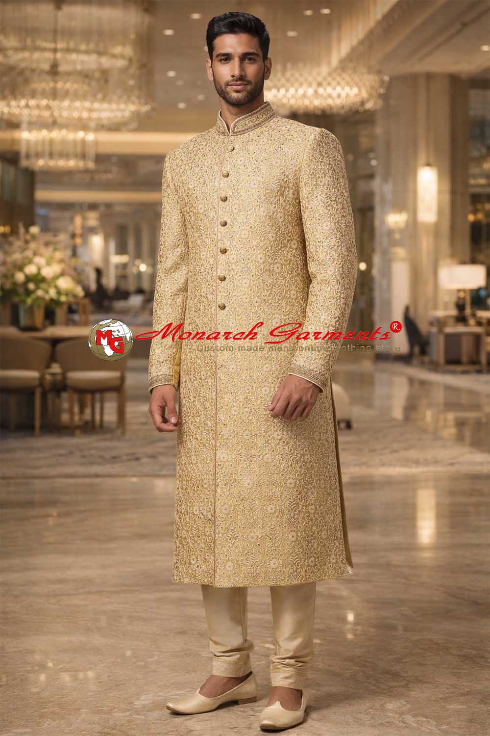Royal gold embroidered wedding sherwani for men with intricate jacquard fabric design, premium groom wear by Monarch Garments India