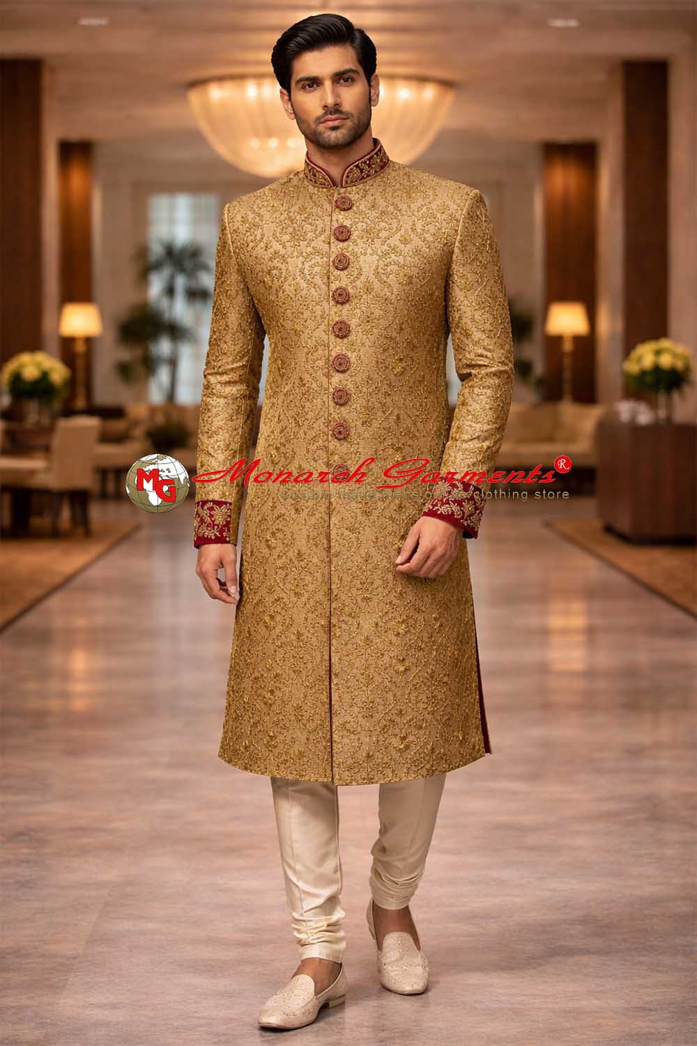 Royal gold jacquard groom sherwani with maroon embroidered collar and cuffs for Indian wedding by Monarch Garments