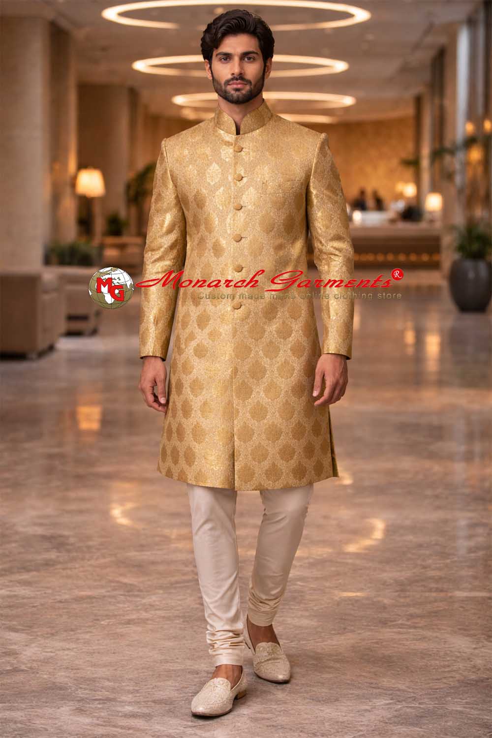 Gold jacquard wedding sherwani for men with bandhgala collar, royal groom sherwani by Monarch Garments