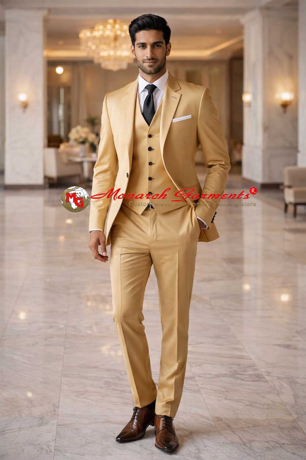 Golden beige 3 piece suit for men slim fit wedding formal suit India