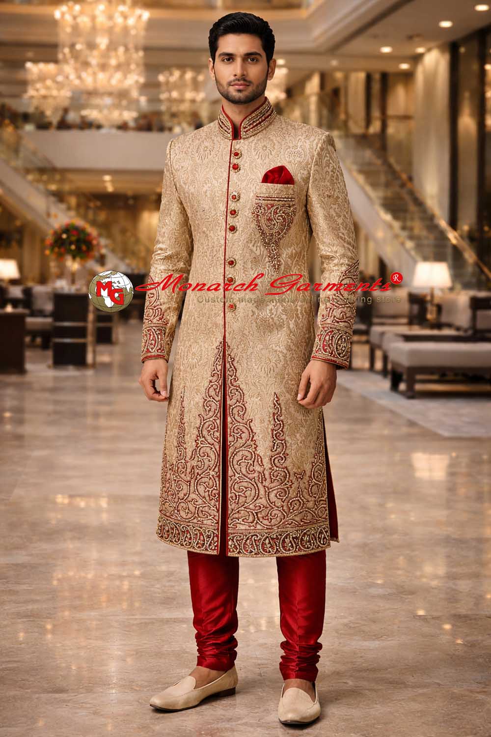 Golden beige brocade embroidered wedding sherwani set for men with red detailing and churidar by Monarch Garments India
