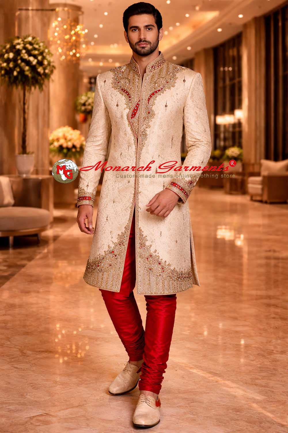 Golden beige brocade wedding sherwani for men with hand embroidery and maroon dupion silk churidar