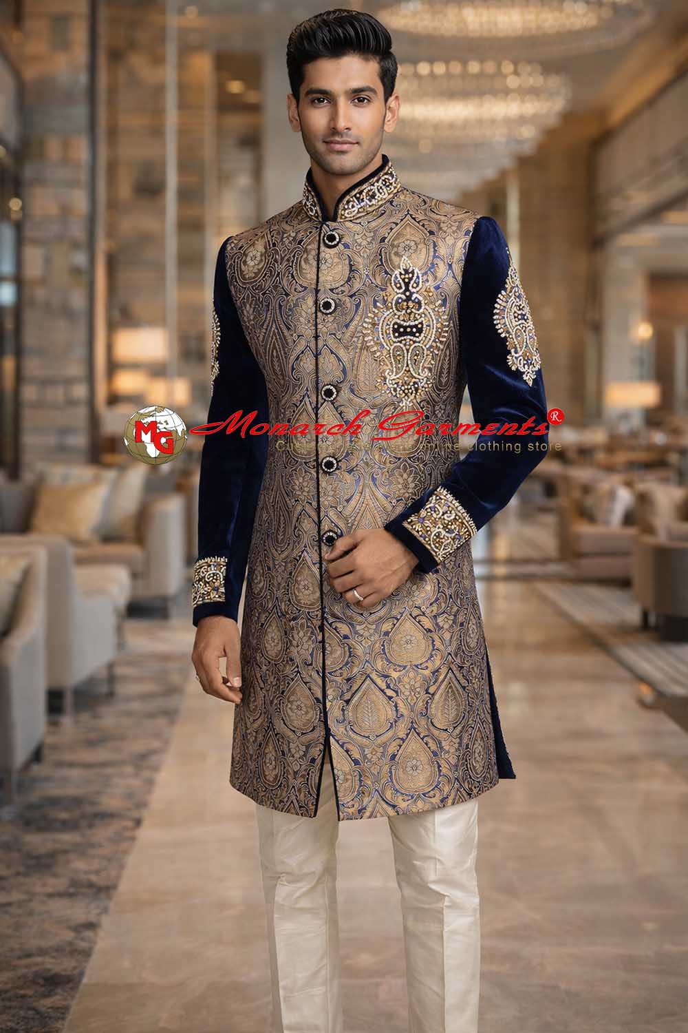 Golden blue Indo Western sherwani for men with velvet sleeves and cream trouser for wedding wear