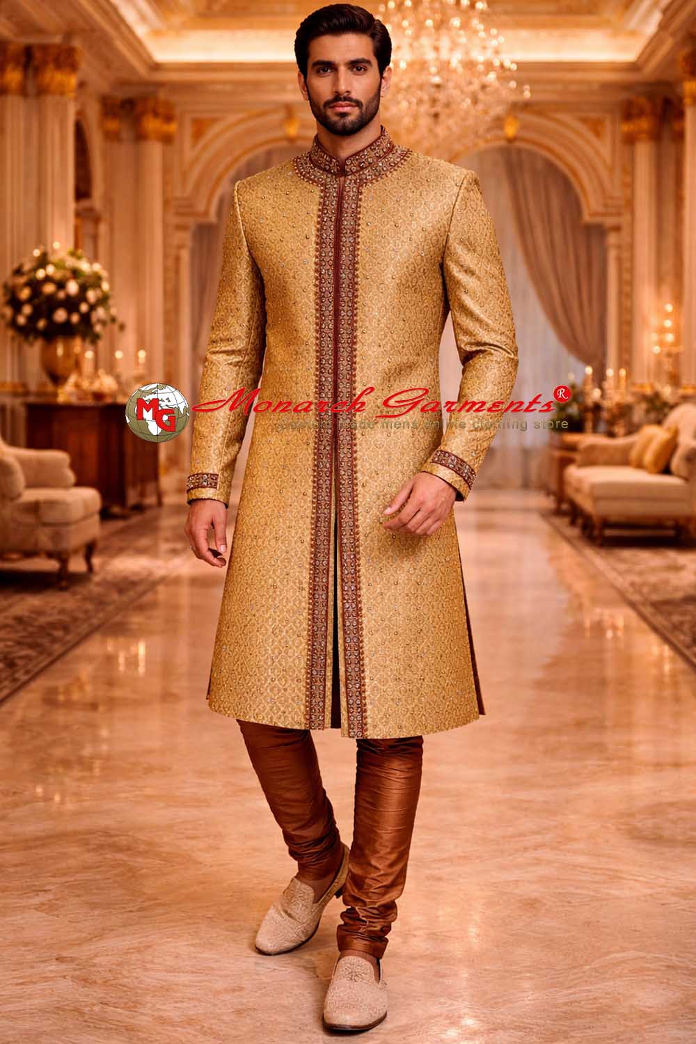Golden brocade band collar groom sherwani with matching dupion silk pyjama for Indian wedding