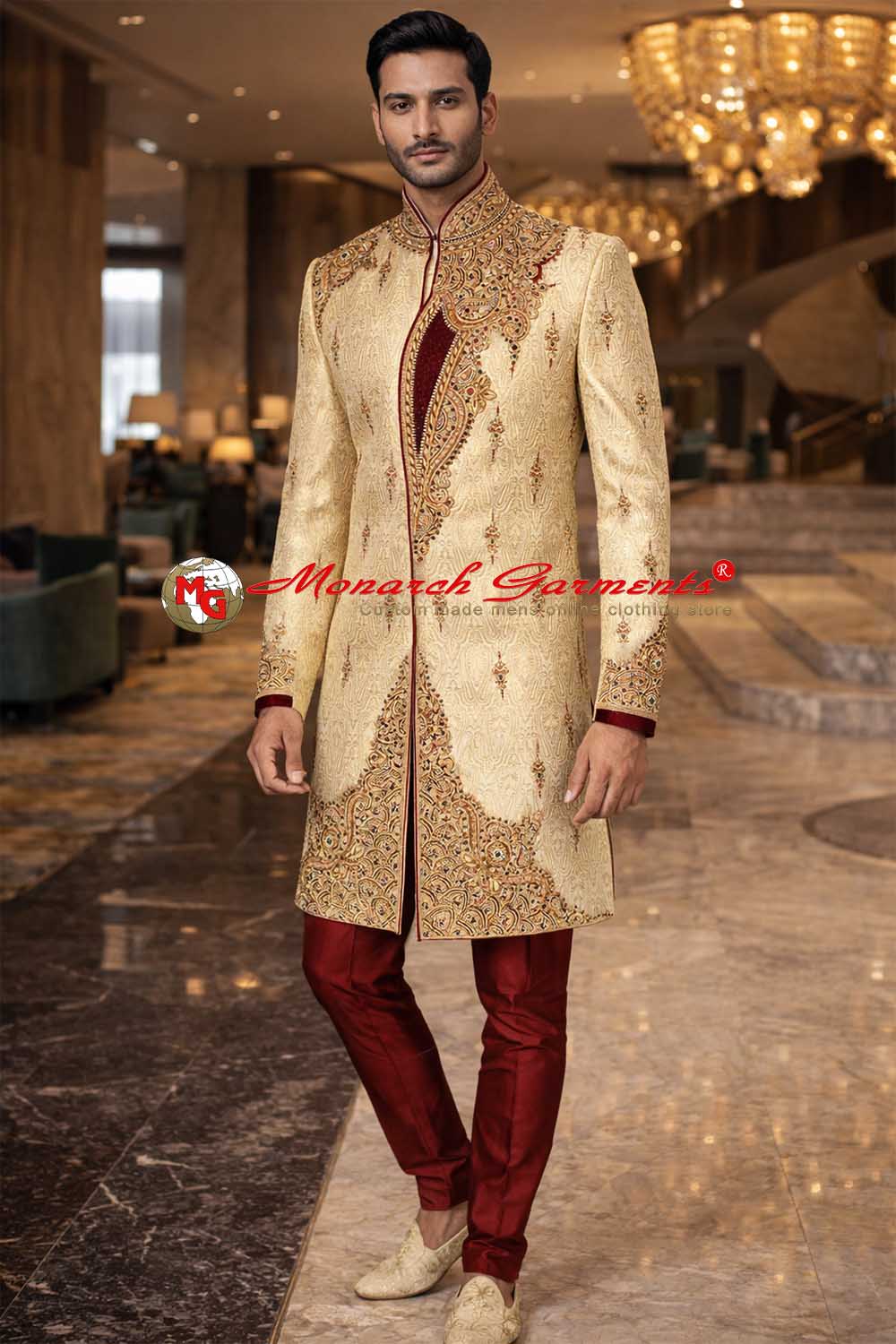 Golden brocade embroidered sherwani for men with maroon breeches wedding outfit India