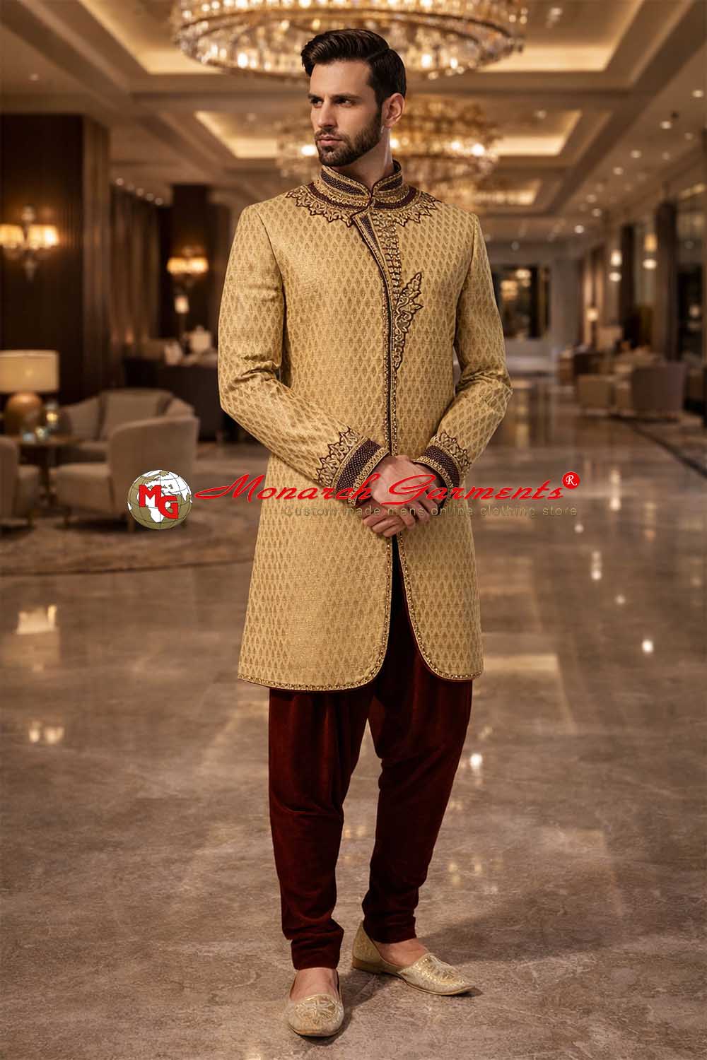 Golden brocade Indo Western suit with maroon velvet salwar for men wedding wear