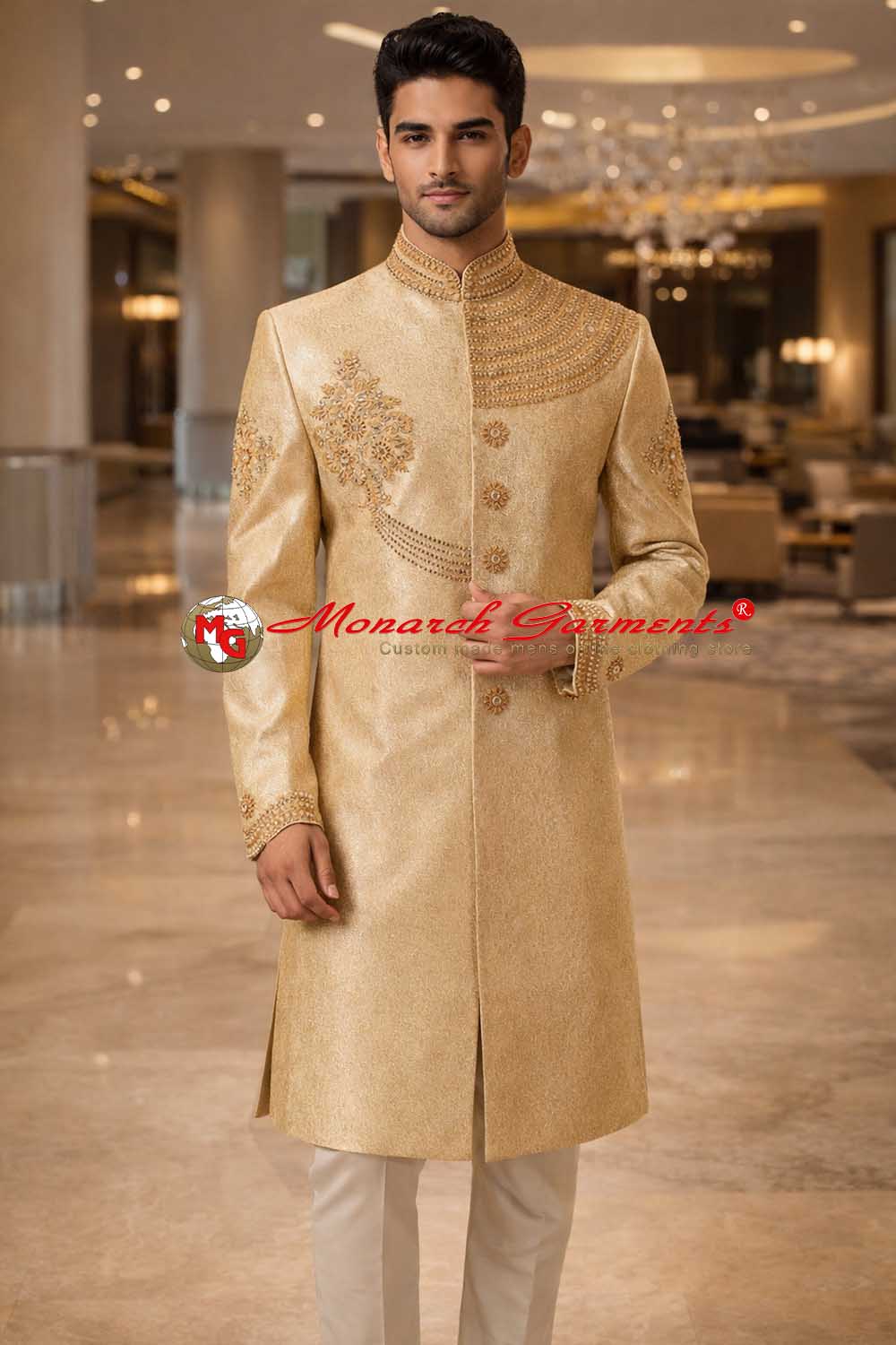 Golden Indo Western suit for men with Nehru collar and embroidery in brocade fabric for wedding wear