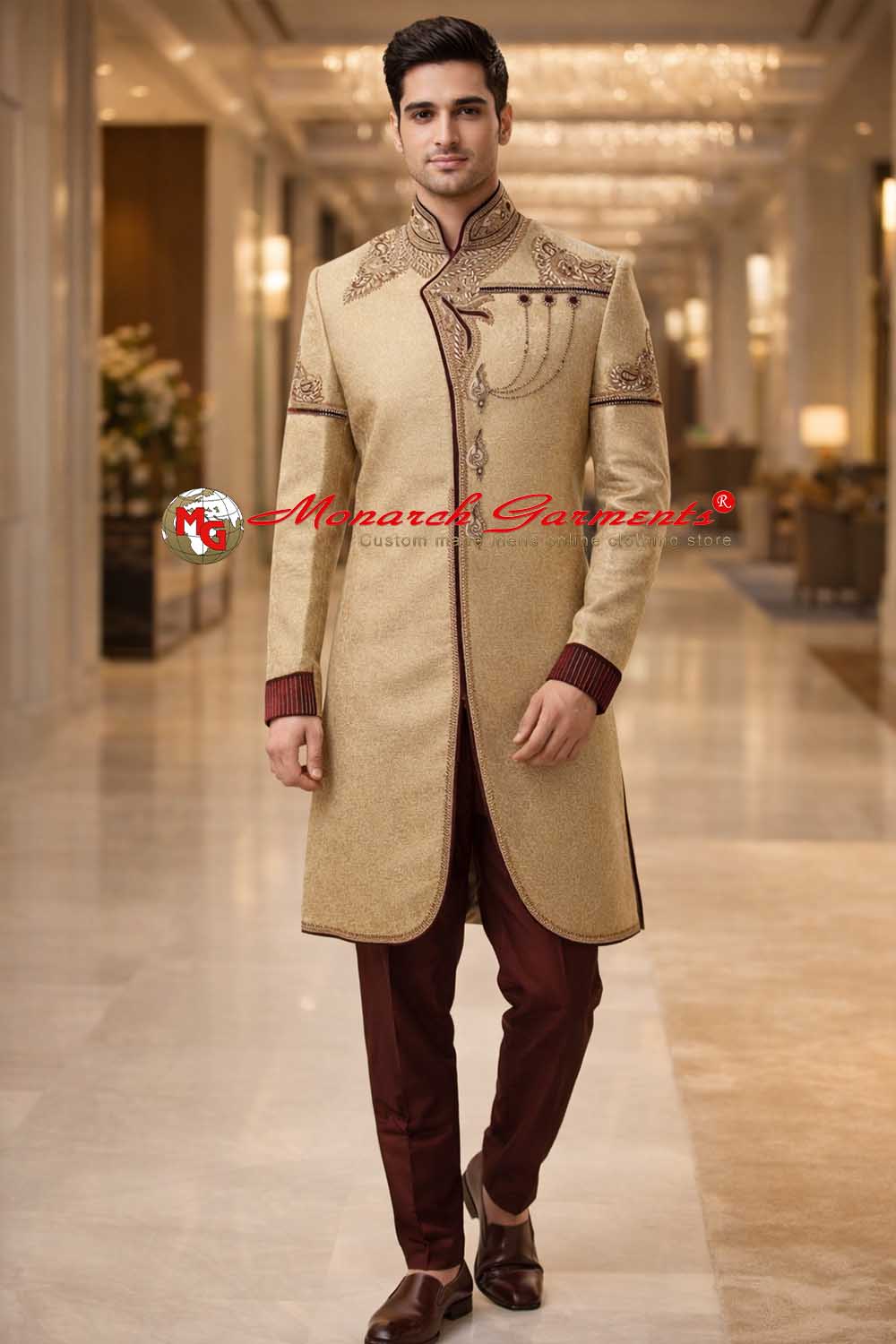 Golden brocade Indo Western sherwani for men with maroon dupion silk trouser wedding outfit