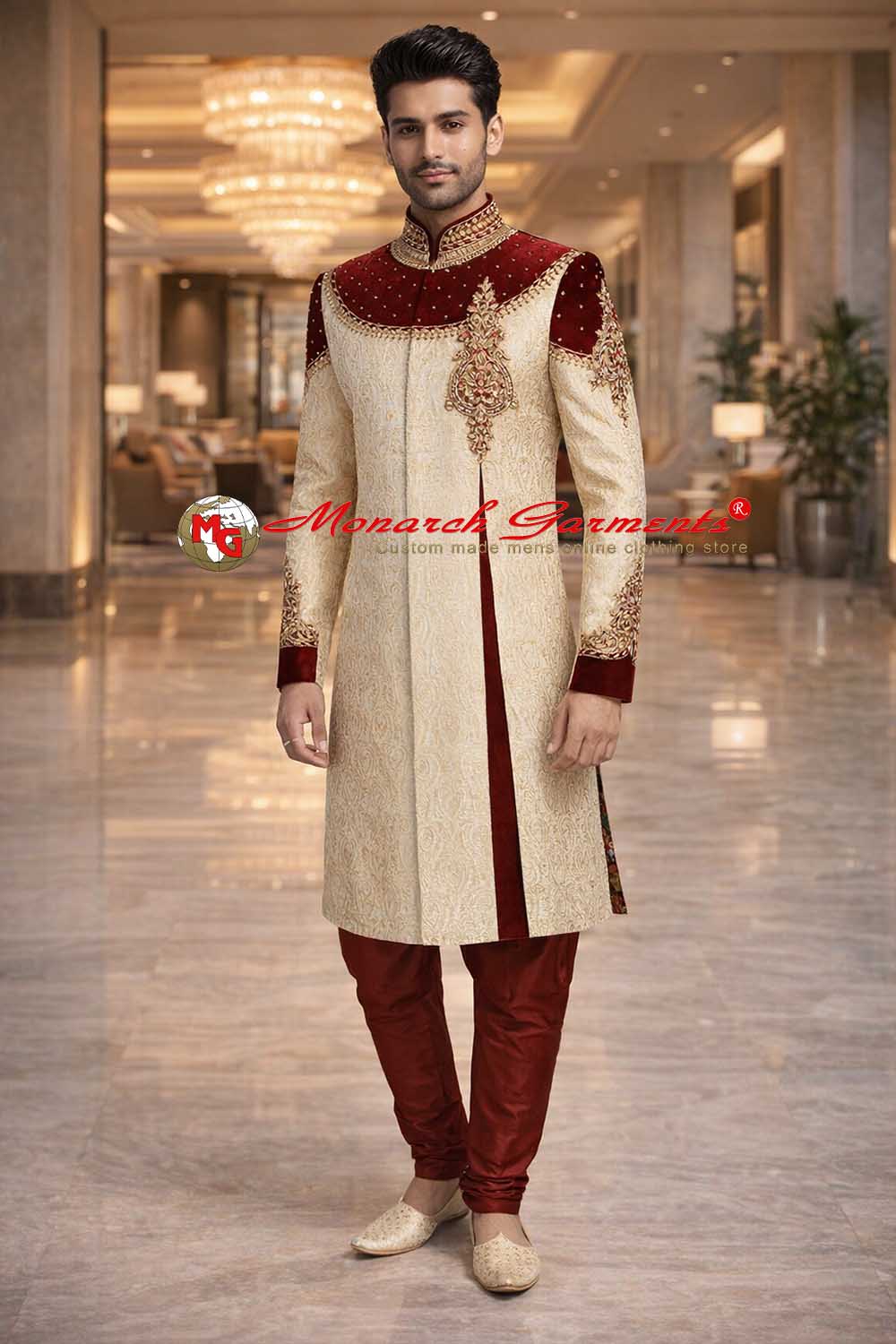 Golden Indo Western sherwani with maroon velvet patch and churidar pyjama for men wedding wear