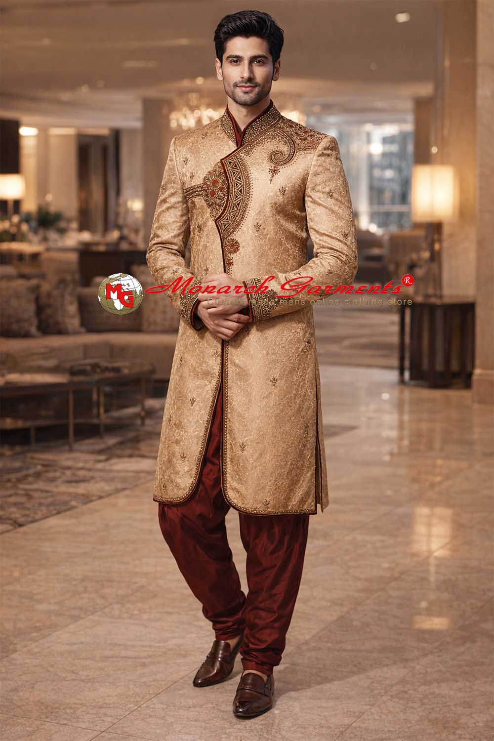 Golden Indo Western sherwani for men with red salwar style pyjama for wedding wear
