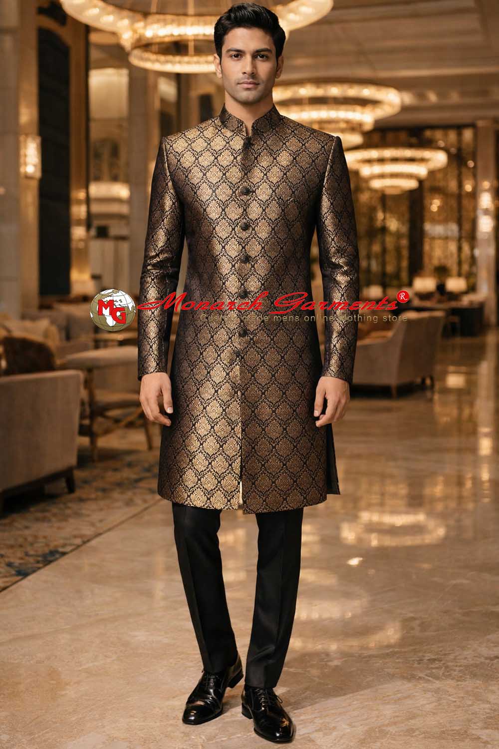 Golden brocade Indo Western suit for men with black trouser wedding outfit India