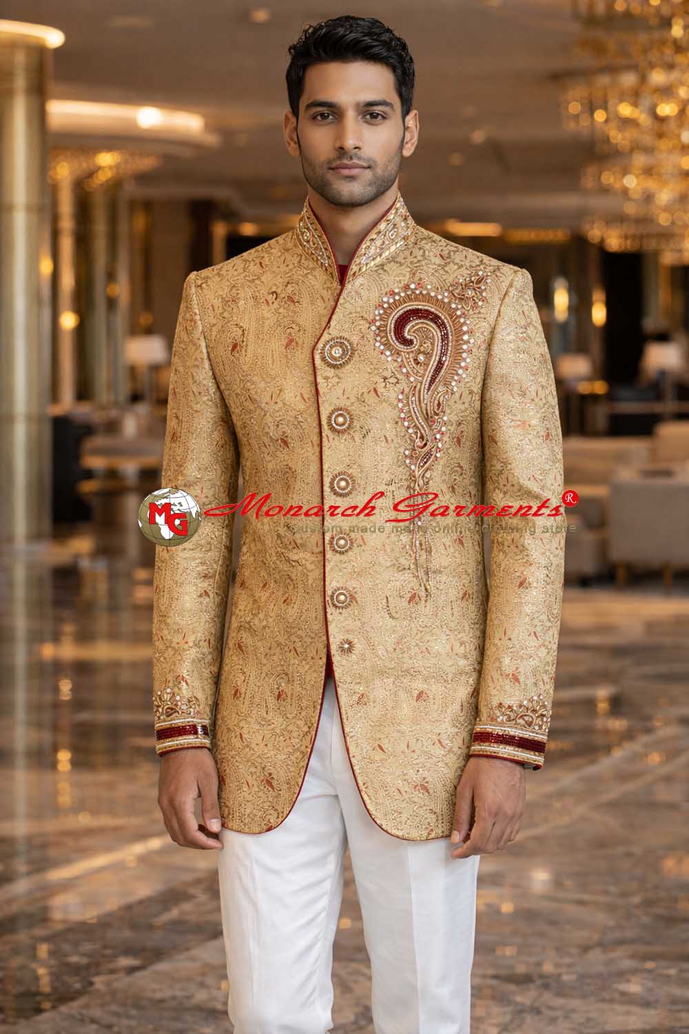 Golden brocade Indo Western suit for men with red piping slim fit wedding groom outfit