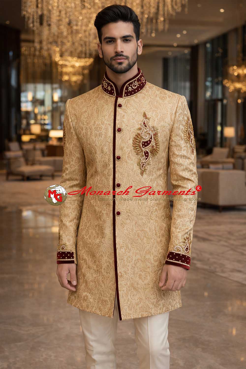 Golden brocade Indo Western suit with maroon velvet trim and breeches pant for men wedding wear