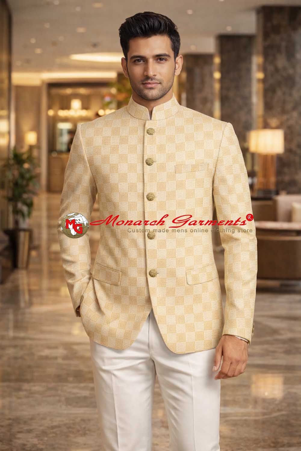 Golden checkered Jodhpuri suit for men with white trouser slim fit