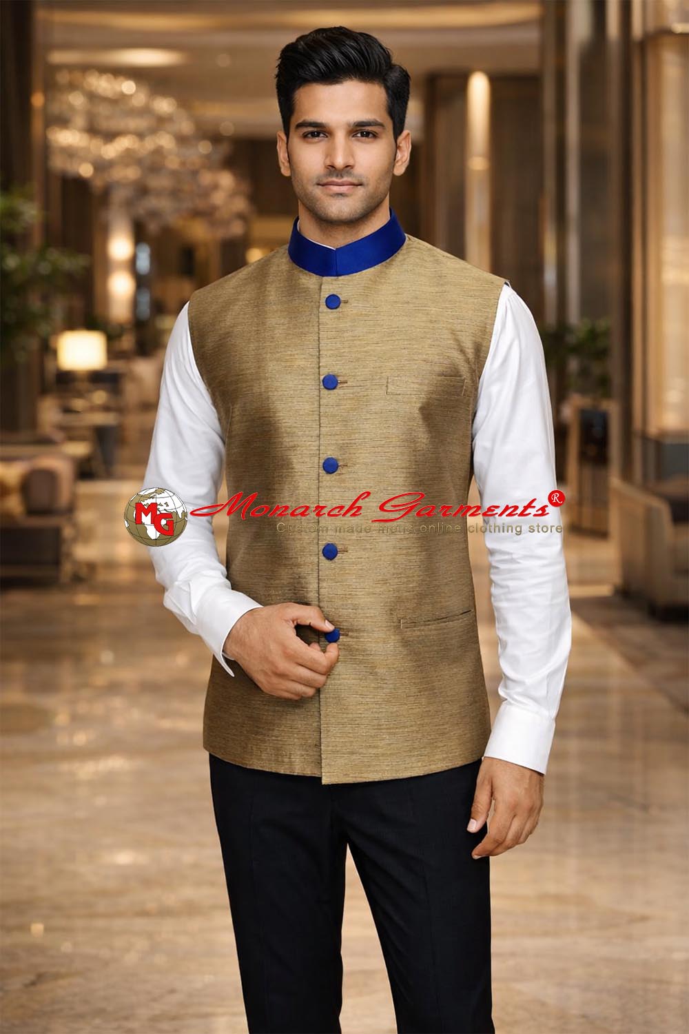 Golden dupion Nehru vest for men with blue velvet collar and buttons wedding wear India
