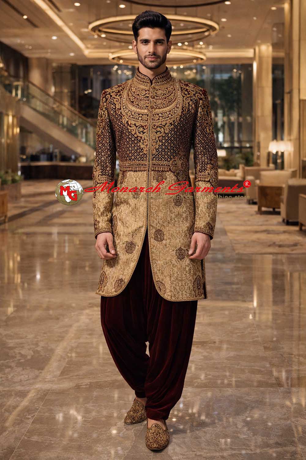 Golden embroidered Indo Western suit for men with maroon velvet Peshawari salwar wedding outfit