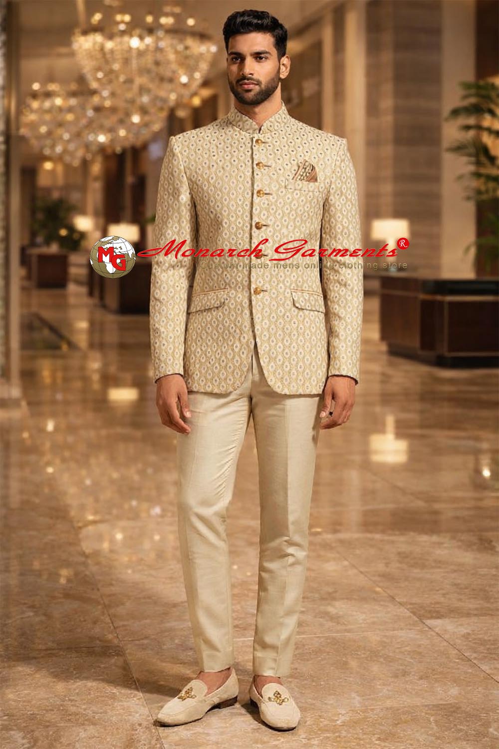 Golden embroidered Jodhpuri bandhgala wedding suit for men with cream trousers and pocket square, luxury groom outfit by Monarch Garments
