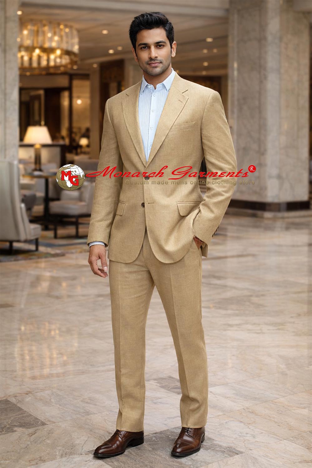 Golden linen 2 piece suit for men slim fit formal summer wear India