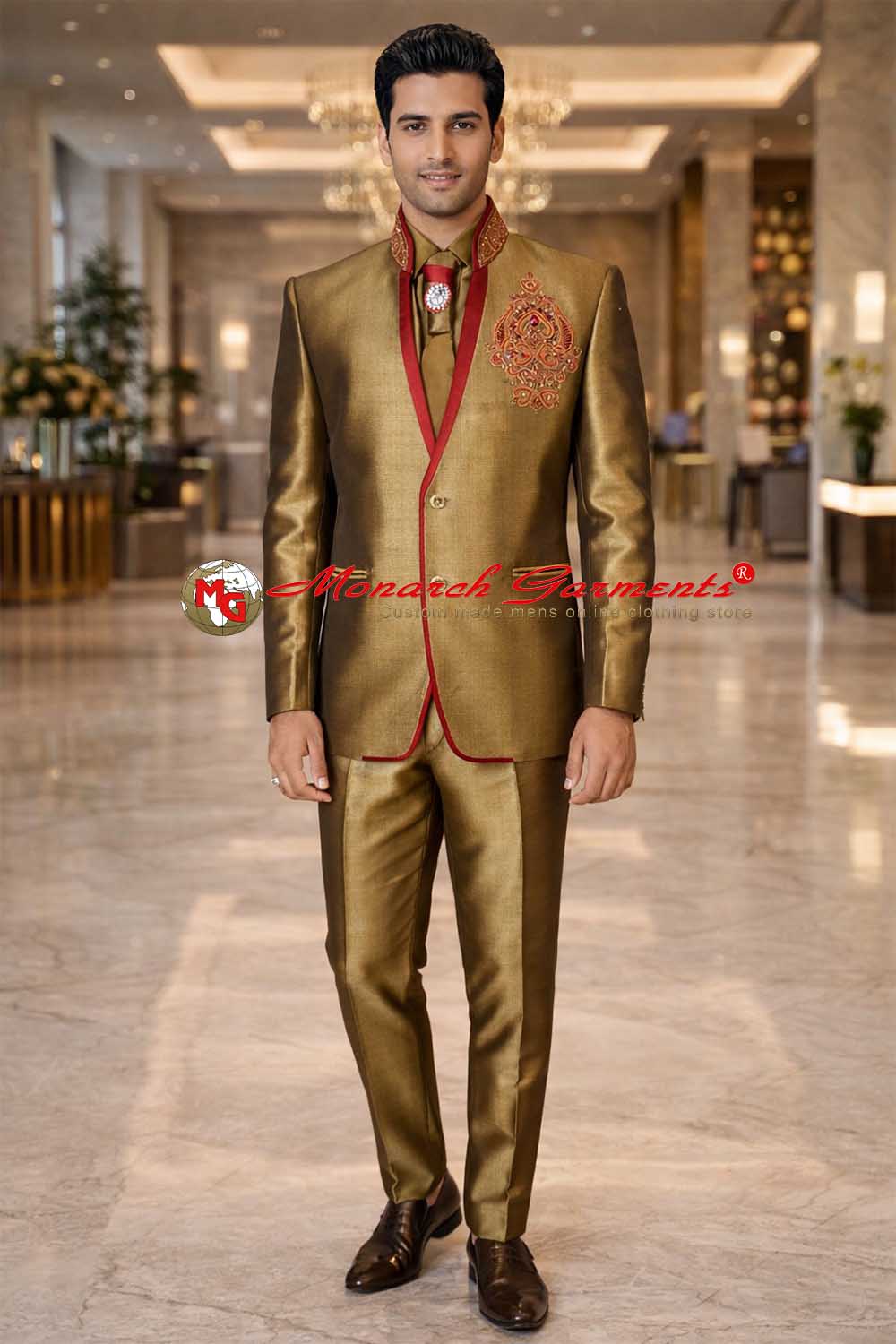 Golden Jodhpuri suit for men with crimson satin trim wedding wear