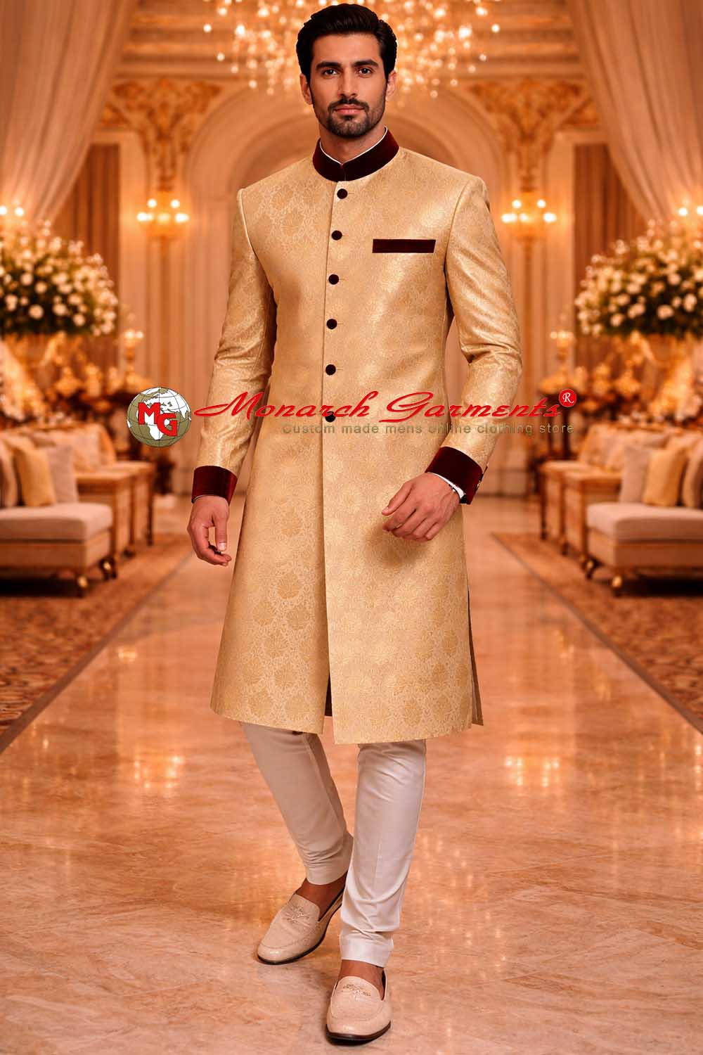 Golden brocade groom sherwani with maroon velvet collar and white dupion silk pyjama for Indian wedding