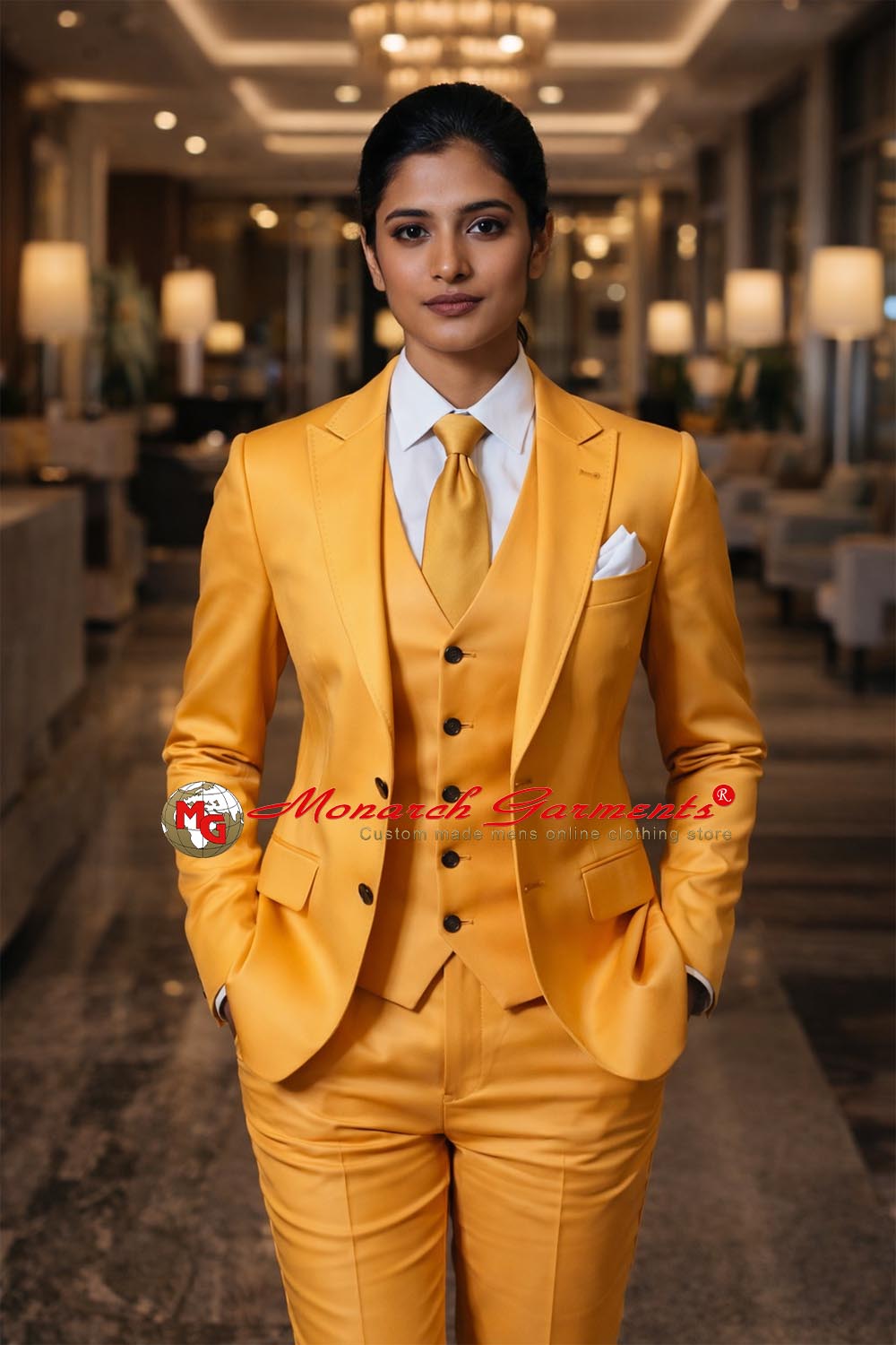 Golden mustard 3 piece slim fit formal suit for women with blazer waistcoat and tailored trousers