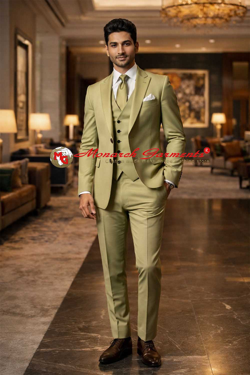 Golden olive 3 piece suit for men slim fit peak lapel wedding wear India