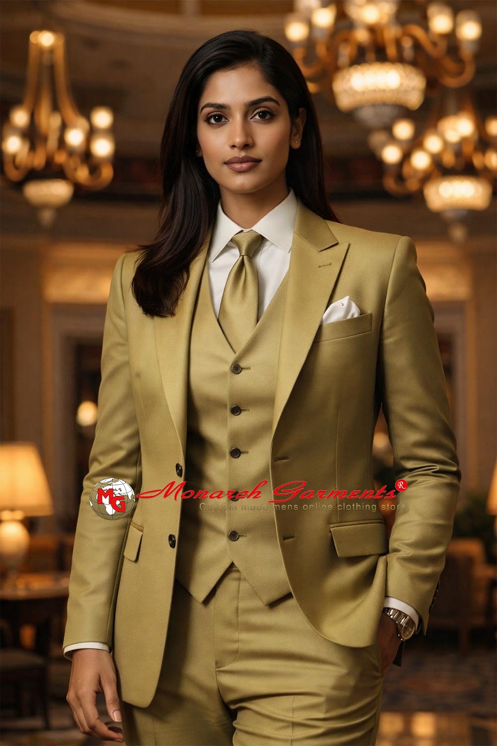 Golden olive 3 piece slim fit formal suit for women with blazer waistcoat and tailored trousers
