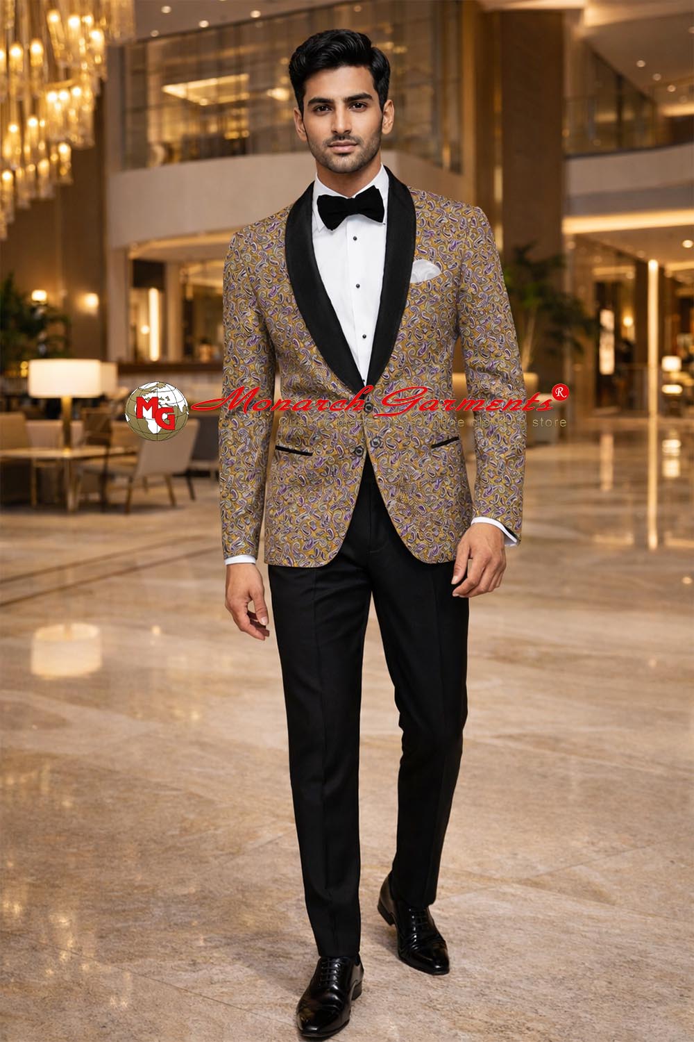 Men’s golden paisley printed satin shawl lapel slim fit party blazer by Monarch Garments