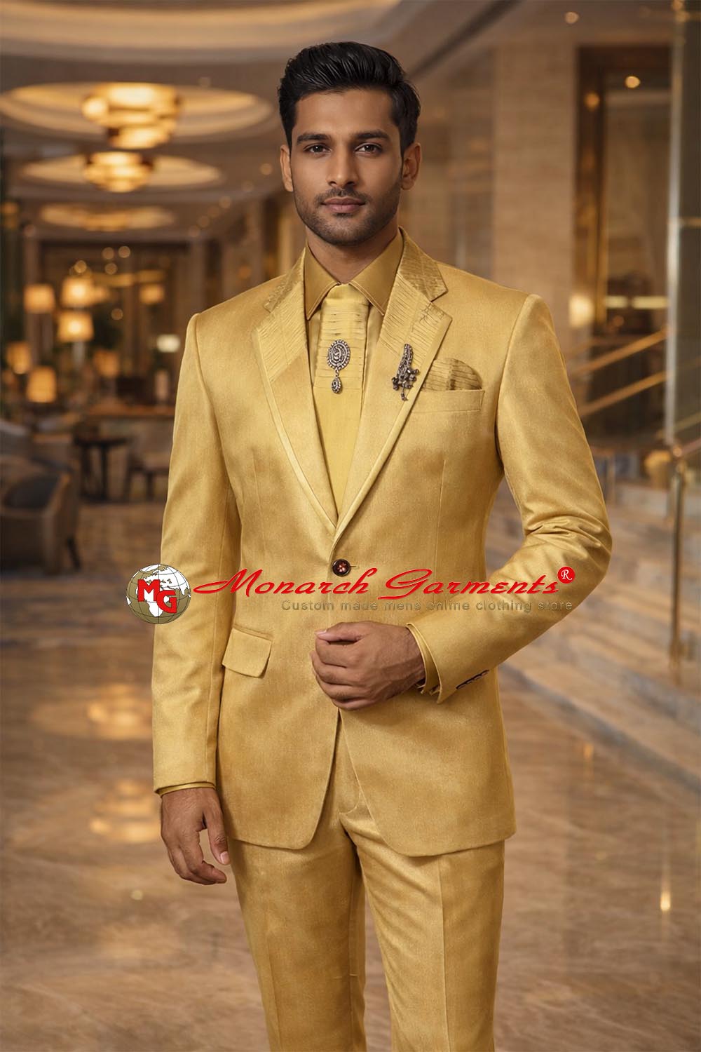 Golden tuxedo suit for men slim fit wedding wear with 2 button jacket and matching trousers