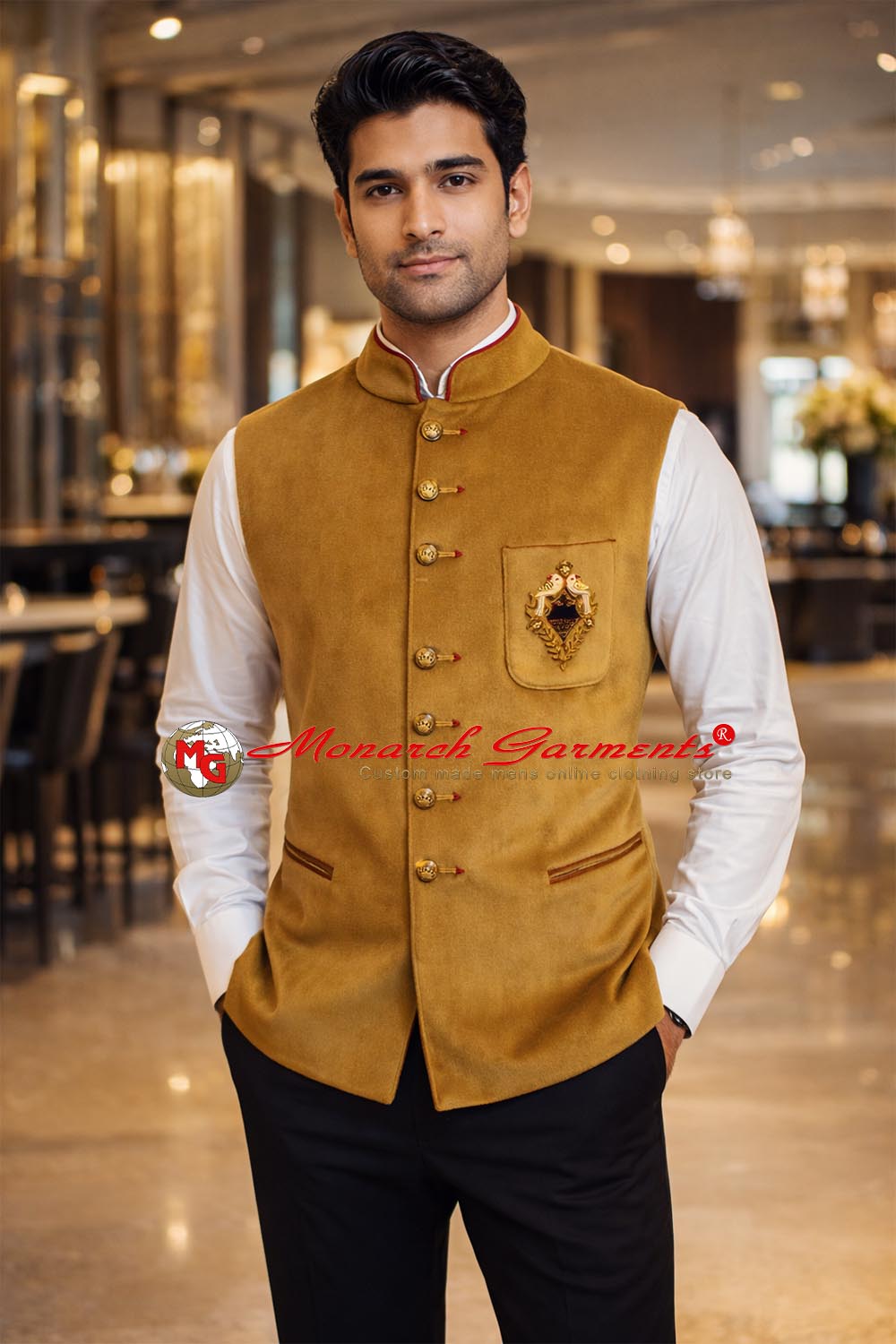 Golden velvet Nehru vest for men with embroidery tailored fit wedding wear India