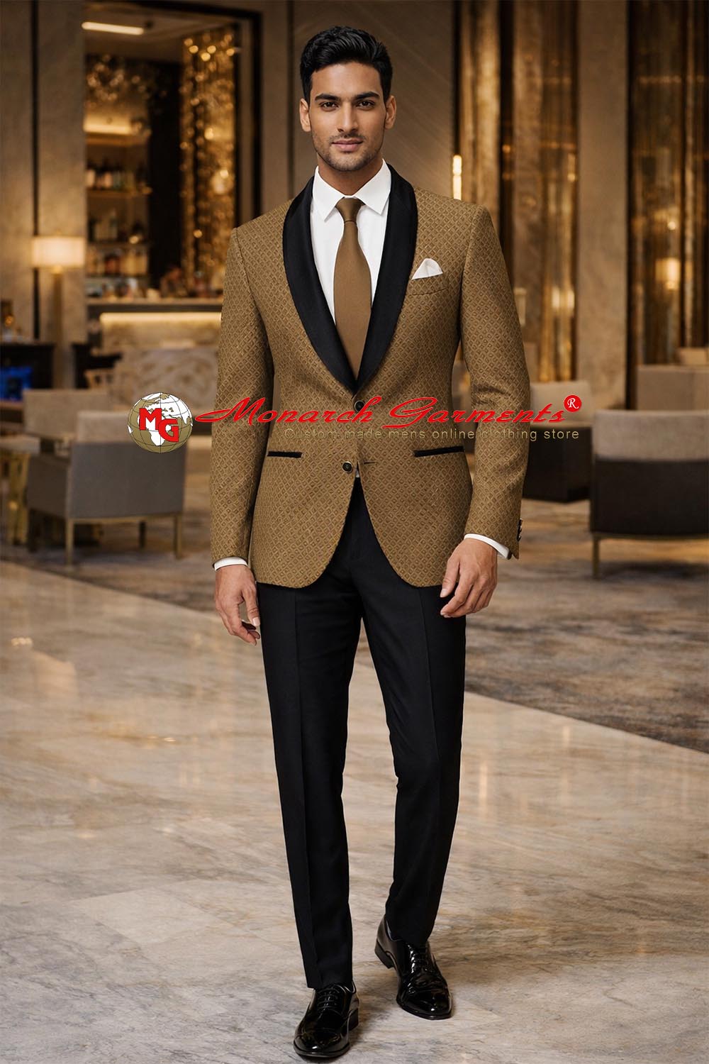 Men’s golden velvet slim fit groom blazer with black satin shawl lapel for wedding reception wear