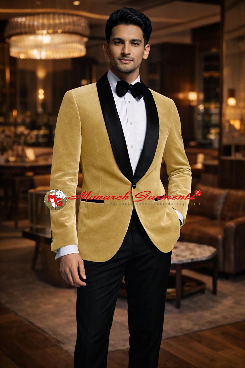 Golden velvet slim fit blazer with black shawl collar for men by Monarch Garments