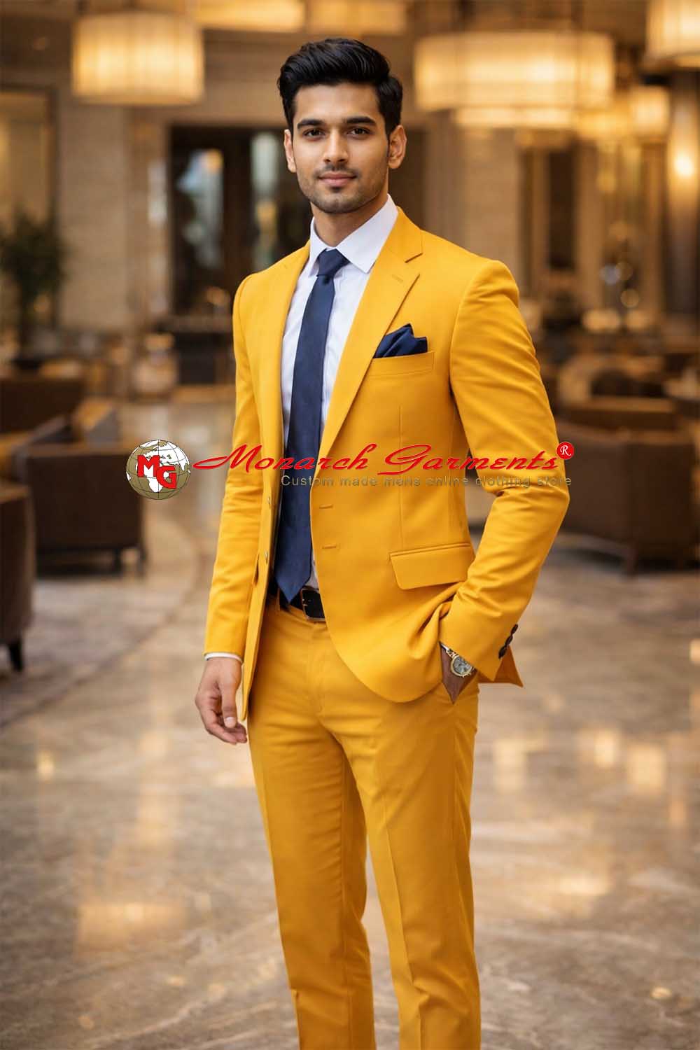 Golden yellow 2 piece suit for men slim fit formal wedding suit India