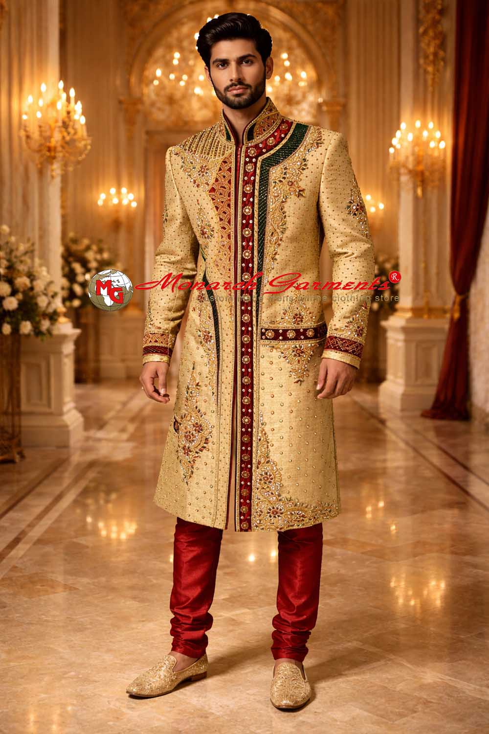 Golden yellow brocade sherwani with maroon green velvet embroidery for groom Indian wedding wear